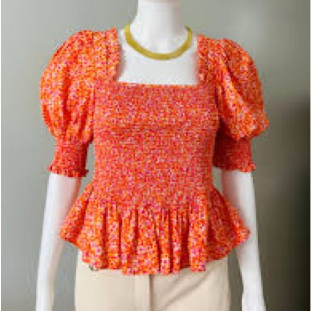 CeCe Floral Smocked Puff Sleeve Top - Orange Sz S